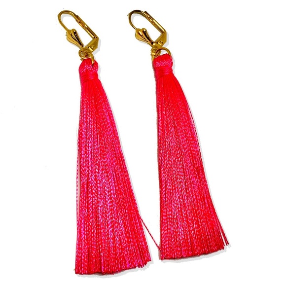 Raf Rossi Gold Plated Jewelry - Hot Pink Tassel Goldfilled Earrings